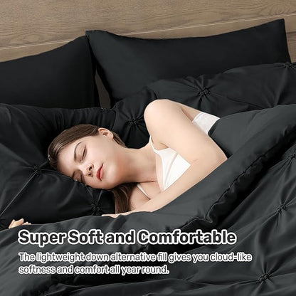 UNIKOME Queen Comforter Set Black - Ultra Soft Boho Pintuck Down Alternative Bedding Set for All Seasons, 3 Pieces Lightweight Warm Pinch Pleat Bed Set with Comforter, 2 Pillowcases