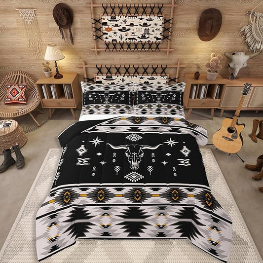 Erosebridal Western Bull Skull Comforter Set Boho Southwestern Aztec Bedding Set Toddler Size for Boys Teens Men, Ethnic American Native Quilt Farmhouse Rustic Tribal Duvet Insert 2 Piece, Black Grey