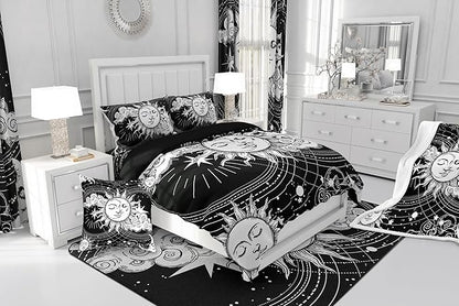 Erosebridal Black White Sun Moon Bedding Set Queen Size Hippie Comforter Set, Boho Exotic Home Decor Down Comforter Modern Kid Teen Boy Girls Bohemian Indian Duvet Insert for Bedroom