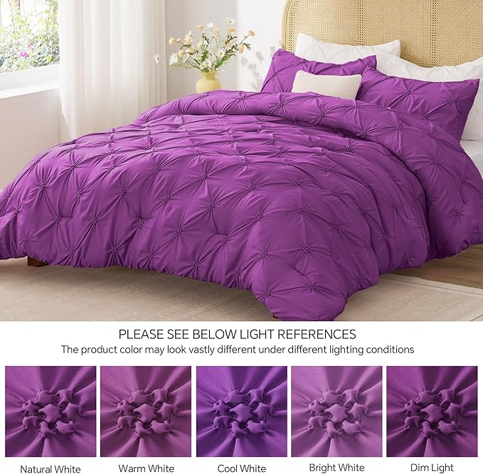 BEDELITE Purple Queen Comforter Set - 3 Pieces Boho Pintuck Bedding Comforter Sets, Lightweight Soft & Warm Bed Comforter Queen with 2 Pillowcases for All Season