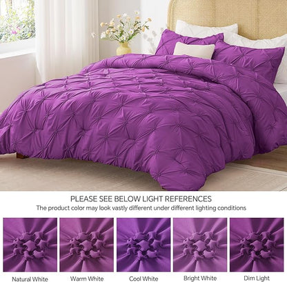 BEDELITE Purple Queen Comforter Set - 3 Pieces Boho Pintuck Bedding Comforter Sets, Lightweight Soft & Warm Bed Comforter Queen with 2 Pillowcases for All Season