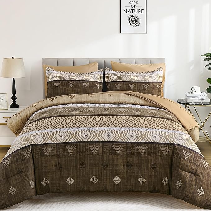 Xruibed Brown King Comforter Set 7 Pieces, Boho Striped Bed in a Bag King Size Soft Microfiber All Season Bedding Set with Comforter, Sheets, Pillowcases & Shams(104"×90")