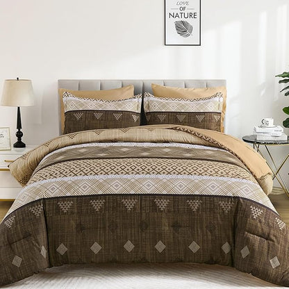 Xruibed Brown King Comforter Set 7 Pieces, Boho Striped Bed in a Bag King Size Soft Microfiber All Season Bedding Set with Comforter, Sheets, Pillowcases & Shams(104"×90")