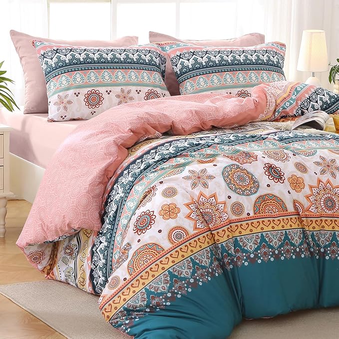 MUXHOMO Bed in a Bag King 7 Pieces, King Comforter Set Reversible Bohemian Botanical Flowers Design, Ultra Soft & Breathable Bedding Sets with Comforter, Sheets, Pillowcases & Shams