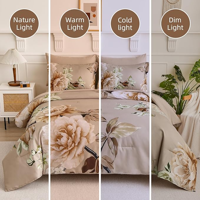 Drucon Floral Comforter Set Queen Size 7 Pieces Bed in a Bag, Khaki Floral Bedding Set, Soft Microfiber Comforter and Sheet Set for All Season (Queen, 90"x90")