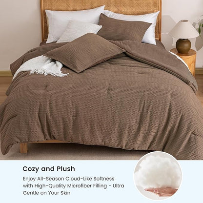 PHF Soft Waffle Comforter Set Twin Size- Comfy Breathable Waffle Weave Comforter with 1 Pillow Shams, 2 Pieces Less Snagging Lightweight Textured Bedding Set for All Season, Cocoa Brown