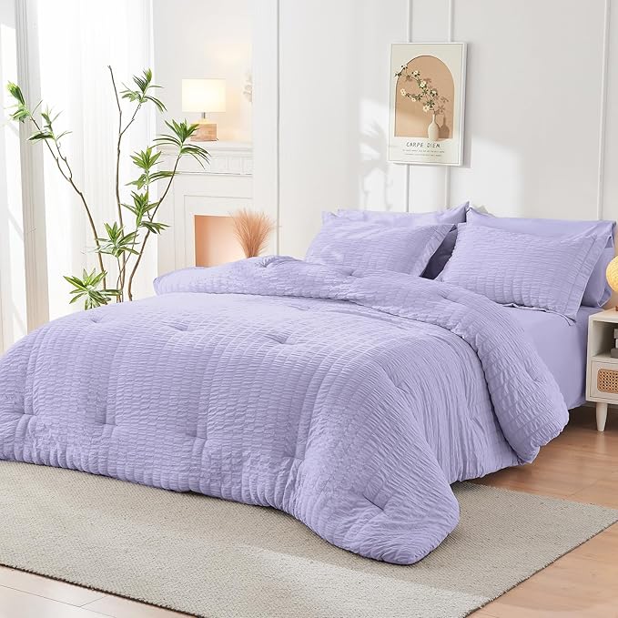 HYMOKEGE Light Purple Full Size Comforter Sets Seersucker 7 Pieces, All Season Luxury Bed in a Bag for Bedroom, Bedding Set with Comforter, Sheets, Pillowcases & Shams