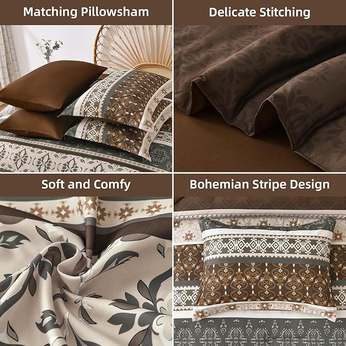 WONGS BEDDING Boho Comforter Set Queen, 7 Pieces Brown Comforter Bedding Set,Bohemian Paisley Floral Bed in a Bag,Soft Microfiber Striped Comforter Bedding Sets for All Season