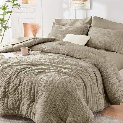 HYMOKEGE Linen California King Comforter Set Seersucker 7 Pieces, All Season Luxury Bed in a Bag for Bedroom, Bedding Set with Comforter, Sheets, Pillowcases & Shams
