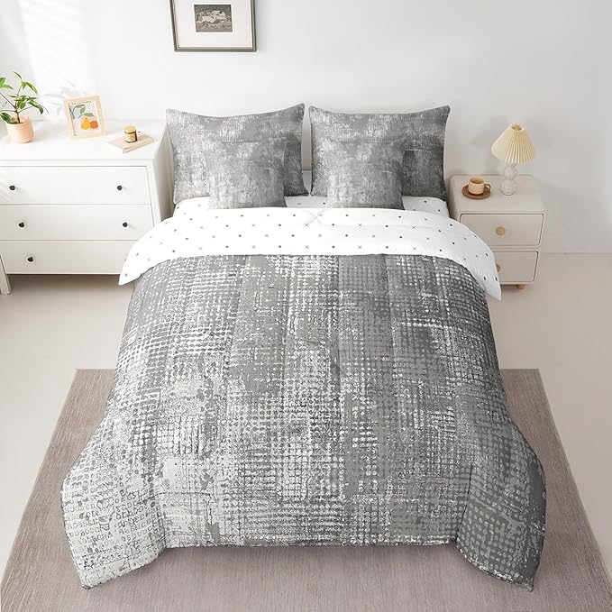 Erosebridal Gray Oil Painting Bedding Full Size 7 Pieces Modern Contemporary Art Comforter Set with Flat Sheet and Fitted Sheet, Grey Ombre Bed in a Bag Watercolor Bedding Comforter Sets