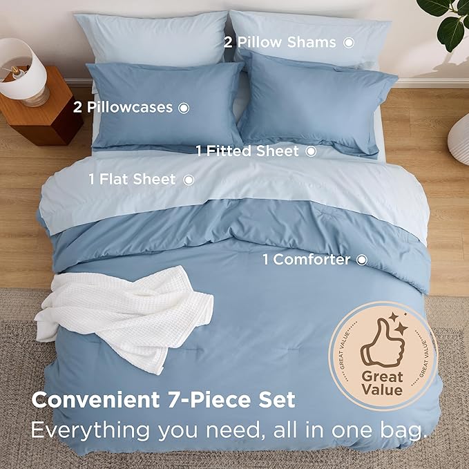 Bedsure Queen Comforter Set - 7 Pieces Grayish Blue Queen Bedding Set for All Seasons, Boho Contrasting Design Bed in a Bag with Comforter, Sheets, Pillowcases & Shams