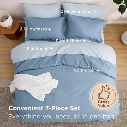 Bedsure Full Size Comforter Set - 7 Pieces Grayish Blue Full Bedding Set for All Seasons, Boho Contrasting Design Bed in a Bag with Comforter, Sheets, Pillowcases & Shams