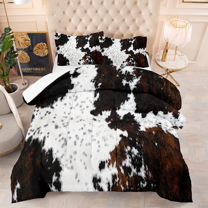 Tailor Shop Black White Cow Print Comforter Set King, Western Farmhouse Cow Print Bedding in A Bag, Rustic Cowhide Comforter Set with 2 Matching Pillowcases Bedroom Decor…