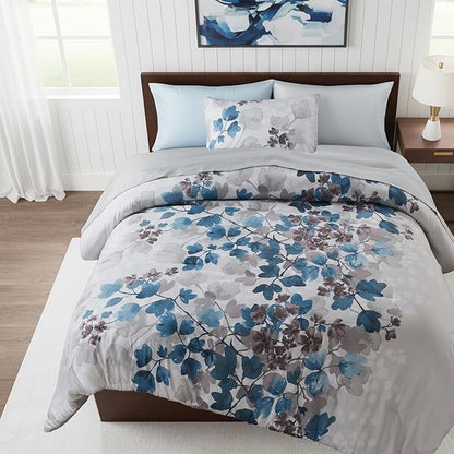 Twin Comforter Set Blue Bed Set, 6 Pieces Cute Floral Bedding Set Ultra Soft Botanical Flowers Comforter, Sheets, Pillowcase & Sham