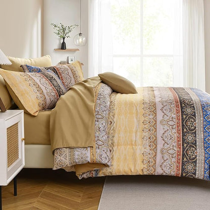 Cottolester Boho King Size Comforter Set 8 Pieces, Yellow Bohemian Striped Bed in a Bag, Paisley Soft Microfiber Bedding Comforter Set