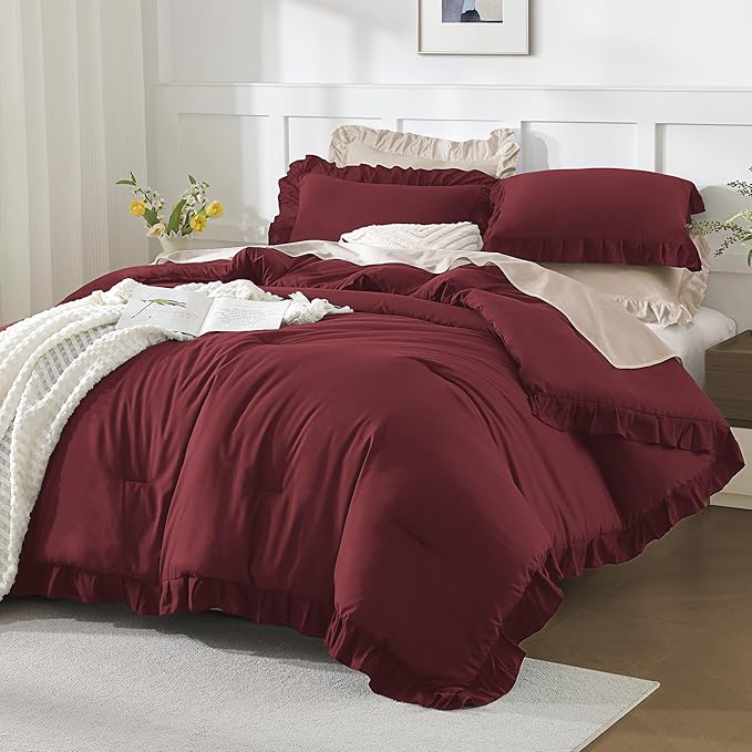 Andency Oversized King Comforter Set 120x98, 3 Pieces Ruffle Shabby Chic Famhouse Bedding Set, All Season Lightweight Fluffy Bed Set for Girls Women, Burgundy