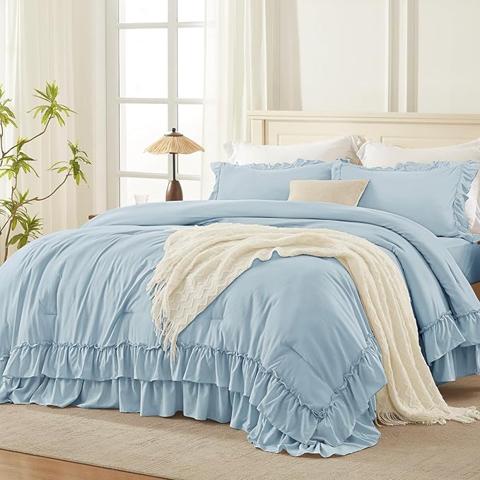 Andency Light Blue California King Comforter Set (104x96Inch), 3 Pieces Farmhouse Shabby Chic Ruffle Bedding Comforter Sets, Lightweight Fluffy Soft All Season Bed Set