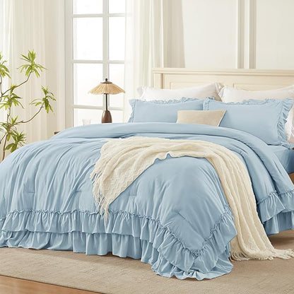 Andency Light Blue California King Comforter Set (104x96Inch), 3 Pieces Farmhouse Shabby Chic Ruffle Bedding Comforter Sets, Lightweight Fluffy Soft All Season Bed Set