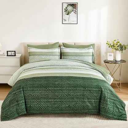 Drucon Christmas Olive Green Striped Comforter Set Queen Size 7 Pieces Reversible Bedding Set, Boho Bed in a Bag, Soft Microfiber Comforter and Sheet Set for All Season