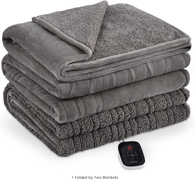 Bearhug Electric Blanket Twin Size 62" x 84", Velvet & Sherpa Heated Blanket, 5-Year Warranty, 10 Heating Levels & 1-12H Auto Off, Over-Heat Protect, ETL Certification, Machine Washable