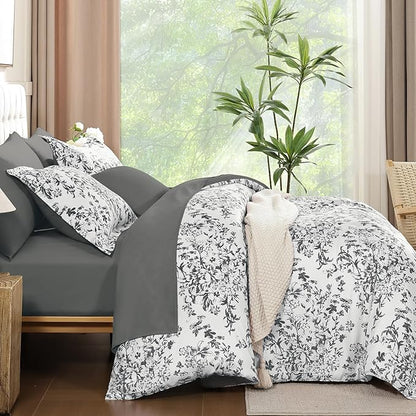WONGS BEDDING Queen Size Comforter Set, 8 Pieces Grey Floral Bed in a Bag Comferter Sets, Botanical Print Soft Fluffy Microfiber Complete Bedding Sets for All Season (90"x90")