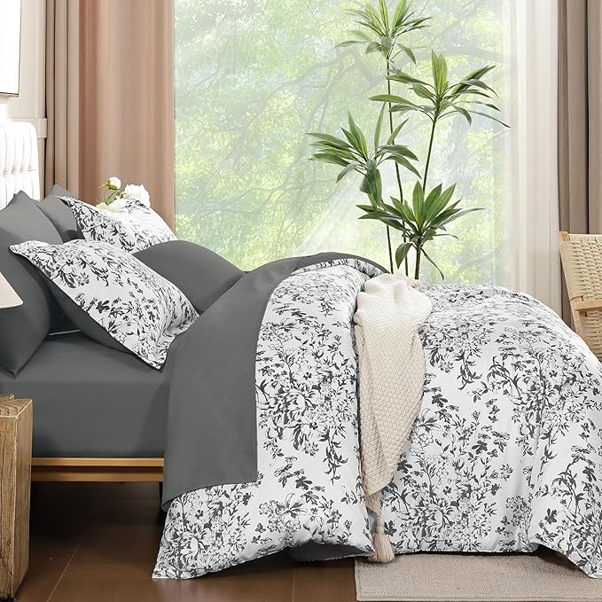 WONGS BEDDING King Size Comforter Set, 8 Pieces Grey Floral Bed in a Bag Comforter Sets, Botanical Print Soft Fluffy Microfiber Complete Bedding Sets for All Season (90"x104")