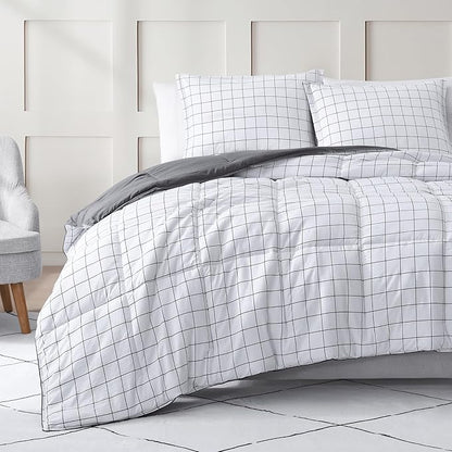 Casa Platino Queen Comforter Set - Pre-Washed Duvet Insert & 2 Pillow Shams - Brushed Microfiber Windowpane