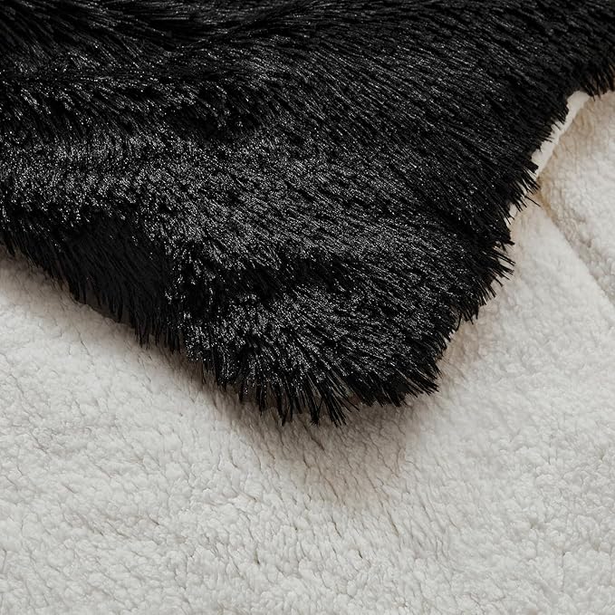 UOZZI BEDDING Black Faux Fur Comforter Set Twin 3 Pieces - 1 Black Shaggy Comforter Set 68x86 and 2 Pillowcases, Ultra Soft and Easy Care Luxury Plush Shaggy Duvet Set