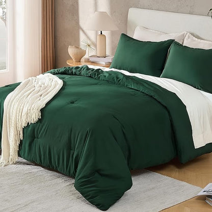 Andency Dark Emerald Green Oversized Queen Size Comforter Set, 3 Pieces Forest Hunter Green Boho Solid Bedding Sets, Soft Cozy Lightweight All Season Bed Set