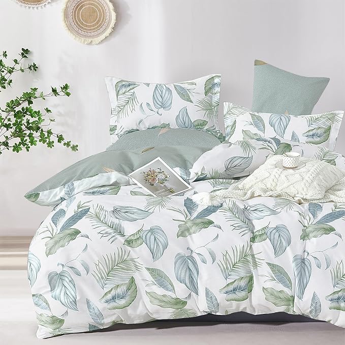 Botanical Cotton Comforter King Size - Sage Green Comforter Printed with Leaves & Ferns on White,Reversible Light-Weight Bedding Sets 3Pcs(Leaves,104"×90")