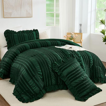 WONGS BEDDING King Size Comforter,Christmas Emerald Green Boho Comforter Set King,Shabby Chic Bedding Set for Bed, 3 Pieces Soft Lightweight Farmhouse Comforter for All Season 104"×90"
