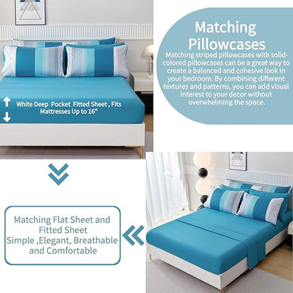 RYNGHIPY 8 Pieces Teal Grey Full Bed Comforter Sets, Soft All Season Boys Men Women Comforter Bedding Set, Turquoise Stripe Colorblock Bed in a Bag Lightweight Fluffy (Full,Teal Grey)