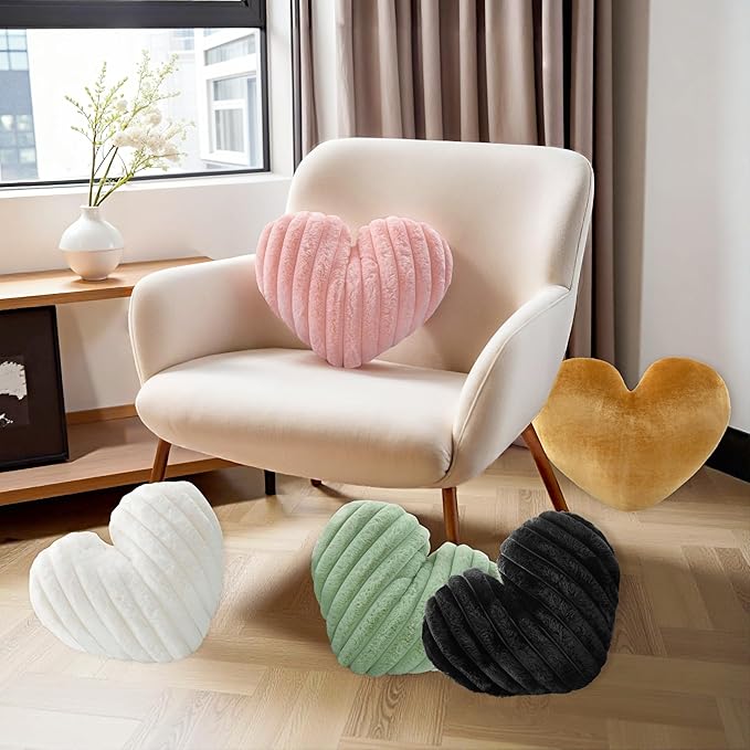 16 Inch White Heart Pillow Cute Decorative Throw Pillows, Heart Shaped Soft Fluffy Faux Fur Pillows Cushions for Couch Chair Bed Bedroom Room Home Decor Aesthetic (1, White, Medium-16 x13)