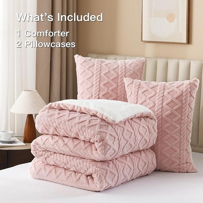 Andency Fluffy Sherpa Queen Comforter Set, Super Soft Blush Fleece Warm Bedding for Winter, Luxury Jacquard Boho Thick Fuzzy Plush Bed Set 3 Pieces(1 Shaggy Comforter, 2 Pillowcases)