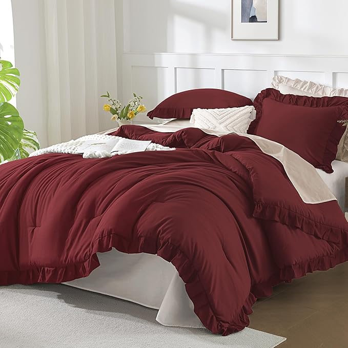 Andency Burgundy California King Comforter Set, 3 Pieces Cal King Ruffle Farmhouse Shabby Chic Comforter, Oversized All Season Lightweight Soft Microfiber Bedding Comforter (104x96Inch)