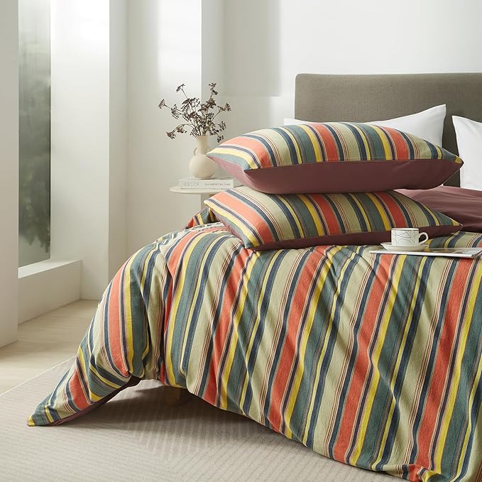 mixinni Queen Size Comforter Set 3 Pieces, Vintage Colorful Striped Washed Cotton Reversible Comforter with 2 Pillowcases, All Season Lightweight Bedding for Women & Men, Retro Mid-Century Style