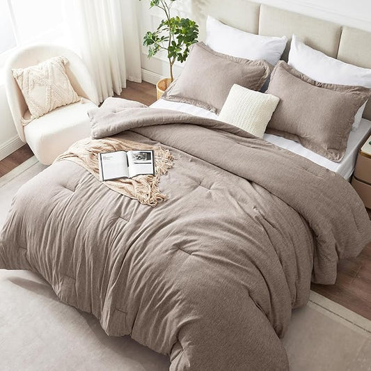 CozyLux Queen Comforter Set - 3 Pieces Khaki Soft Luxury Cationic Dyeing Queen Size Comforter for All Season, Breathable Lightweight Fluffy Bedding Sets with 1 Comforter and 2 Pillow Shams