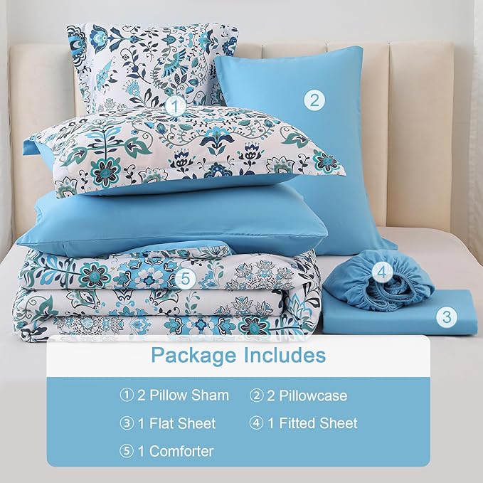 Boho Comforter Set Queen - 7 Pieces Bed in a Bag Floral Design, Bohemian Comforter Set with Sheets, Soft Microfiber Complete Bedding Sets All Season (Light Blue, Queen)
