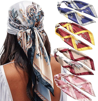 AWAYTR 35” Satin Large Square Head Scarves - 4PCS Silk Like Neck Scarf Hair Sleeping Wraps Satin Silk Scarfs for Women