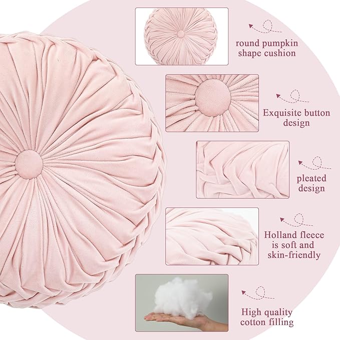 1 Pcs Round Throw Pillows Decorative Velvet Pleated Throw Pillows 15'' Diameter Accent Pumpkin Boho Chair Cushion for Couch Sofa Chair Bed Home Decoration (Pink)