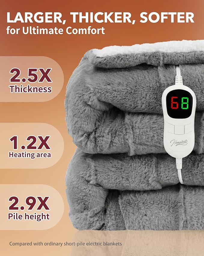Homemate Heated Blanket Electric Throw - 50"x60" Heating Blanket Throw 1/2/4/6/8 Hours Auto-Off 10 Heat Levels Over-Heat Protection Luxury 800 GSM Faux Fur 200 GSM Sherpa ETL Certification