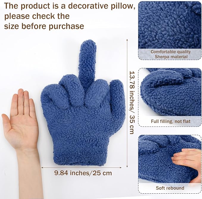 Menkxi Small Middle Finger Decorative Pillow 13.78 x 9.84 in Funny Shaped Sherpa Fleece Throw Pillow Warm Soft Emoticon Cushion Middle Finger Decor for Couch Gag Gift(Navy Blue)