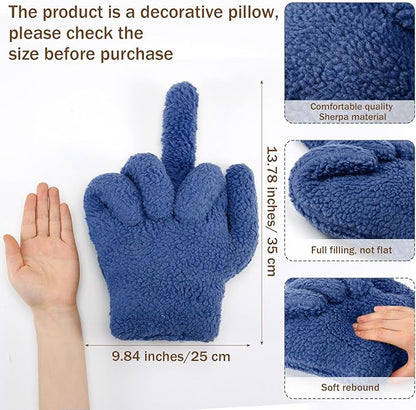 Menkxi Small Middle Finger Decorative Pillow 13.78 x 9.84 in Funny Shaped Sherpa Fleece Throw Pillow Warm Soft Emoticon Cushion Middle Finger Decor for Couch Gag Gift(Navy Blue)