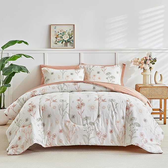 AIKASY Bed in a Bag 7 Pieces - Floral Print - Soft Microfiber, Reversible Bed Comforter Set (1 Comforter, 2 Pillow Shams, 1 Flat Sheet, 1 Fitted Sheet, 2 Pillowcases) (Sea Green, Queen)