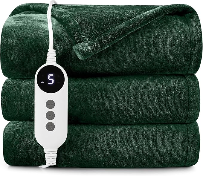 HYLEORY Heated Electric Blanket Throw, 2-Layer Cozy Warm Flannel 62" x 84", Heating Blanket with 9 Heating Levels, 2/4/6/10 Hours Auto Off, Fast Heating Winter Blanket, Green