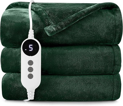 HYLEORY Heated Electric Blanket Throw, 2-Layer Cozy Warm Flannel 62" x 84", Heating Blanket with 9 Heating Levels, 2/4/6/10 Hours Auto Off, Fast Heating Winter Blanket, Green