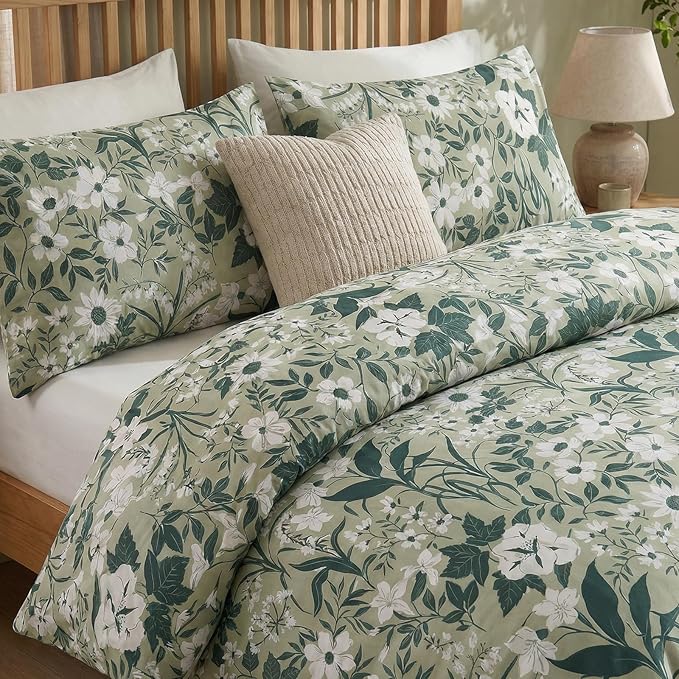 100% Cotton Comforter Queen Size Sage Green Floral Bedding Set Reversible Botanical Comforter Set 3 Pcs Cottagecore Aesthetic Soft Bedding Sets for All Season
