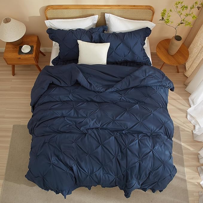 Navy Blue Comforter Set Washable for Bedroom Twin XL Modern Ruffled Quilted Comforter Set for Girls, Women, Men Warm Durable Bedding Set for All Seasons, 68''x90''
