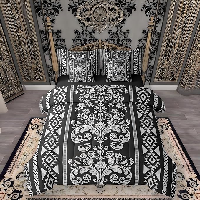 Comforter Set Full Size, Dusty Grey Aztec Damask 7 Pcs Bedding for Kids and Adults, Victorian Decor Western Baroque Goth Bed Sheet Sets with Fitted Sheet 2 Pillowcases & 2 Shams for Bedroom Bed Decor