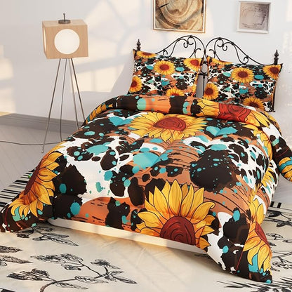 Sunflower Comforter Set, 3D Black Cow Theme Pattern for Kids Teens Adults,Decorative Bedding Comforter Sets with 2 Pillow Shams, Twin Size